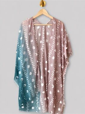 Boho Ombre Kimono Cover Up Dusty Rose Blue Textured Open Front Ruana Wrap